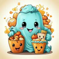 A funny ghosts on halloween celebration in a cemetery at night in cute cartoon style. Halloween by AI generated photo