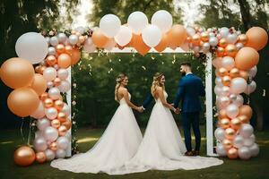 wedding couple holding hands under arch of balloons. AI-Generated photo