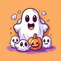 A funny ghosts on halloween celebration in a cemetery at night in cute cartoon style. Halloween by AI generated photo