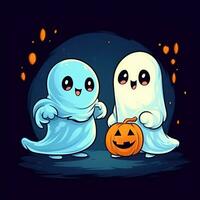 A funny ghosts on halloween celebration in a cemetery at night in cute cartoon style. Halloween by AI generated photo