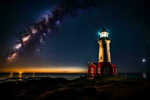 a lighthouse with stars and milky in the sky. AI-Generated photo