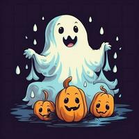 A funny ghosts on halloween celebration in a cemetery at night in cute cartoon style. Halloween by AI generated photo