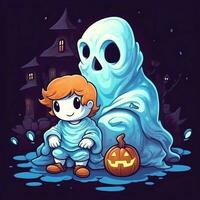 A funny ghosts on halloween celebration in a cemetery at night in cute cartoon style. Halloween by AI generated photo