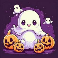 A funny ghosts on halloween celebration in a cemetery at night in cute cartoon style. Halloween by AI generated photo