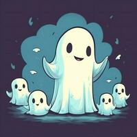 A funny ghosts on halloween celebration in a cemetery at night in cute cartoon style. Halloween by AI generated photo