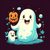 A funny ghosts on halloween celebration in a cemetery at night in cute cartoon style. Halloween by AI generated photo