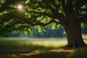 el Dom brilla mediante el hojas de un grande árbol. generado por ai foto