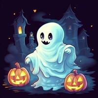 A funny ghosts on halloween celebration in a cemetery at night in cute cartoon style. Halloween by AI generated photo