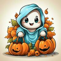 A funny ghosts on halloween celebration in a cemetery at night in cute cartoon style. Halloween by AI generated photo