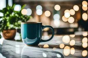 a blue coffee mug on a marble counter. AI-Generated photo