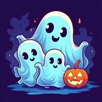 A funny ghosts on halloween celebration in a cemetery at night in cute cartoon style. Halloween by AI generated photo