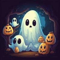 A funny ghosts on halloween celebration in a cemetery at night in cute cartoon style. Halloween by AI generated photo