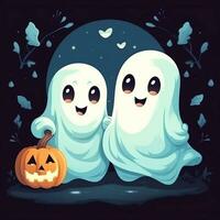 A funny ghosts on halloween celebration in a cemetery at night in cute cartoon style. Halloween by AI generated photo