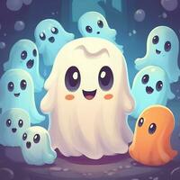 A funny ghosts on halloween celebration in a cemetery at night in cute cartoon style. Halloween by AI generated photo