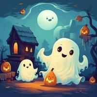 A funny ghosts on halloween celebration in a cemetery at night in cute cartoon style. Halloween by AI generated photo