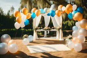 a wedding ceremony with balloons and white and blue decorations. AI-Generated photo