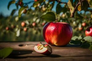 an apple is sitting on a wooden table with a bite taken out of it. AI-Generated photo