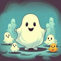 A funny ghosts on halloween celebration in a cemetery at night in cute cartoon style. Halloween by AI generated photo