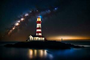 the milky way over the lighthouse at night. AI-Generated photo