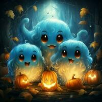 A funny ghosts on halloween celebration in a cemetery at night in cute cartoon style. Halloween by AI generated photo