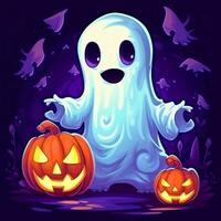 A funny ghosts on halloween celebration in a cemetery at night in cute cartoon style. Halloween by AI generated photo