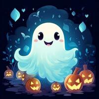 A funny ghosts on halloween celebration in a cemetery at night in cute cartoon style. Halloween by AI generated photo