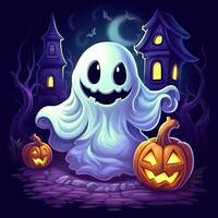 A funny ghosts on halloween celebration in a cemetery at night in cute cartoon style. Halloween by AI generated photo