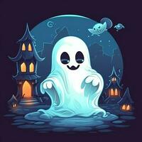 A funny ghosts on halloween celebration in a cemetery at night in cute cartoon style. Halloween by AI generated photo