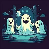 A funny ghosts on halloween celebration in a cemetery at night in cute cartoon style. Halloween by AI generated photo