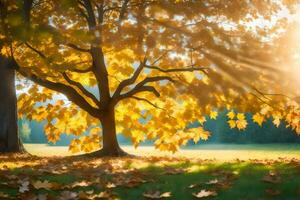 a tree with leaves on the ground and sunlight shining through. AI-Generated photo