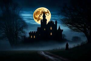 a castle in the dark with a full moon. AI-Generated photo