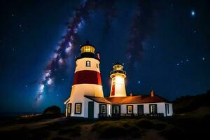 the lighthouse is lit up by the milky. AI-Generated photo