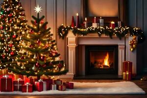 a fireplace with a christmas tree and presents in front of it. AI-Generated photo