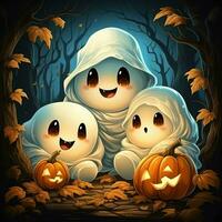 A funny ghosts on halloween celebration in a cemetery at night in cute cartoon style. Halloween by AI generated photo