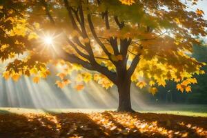 sunbeams shining through a tree in autumn. AI-Generated photo