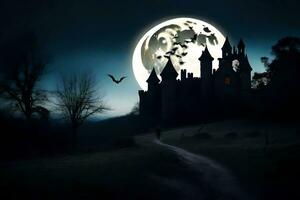 a full moon over a castle with bats flying around it. AI-Generated photo