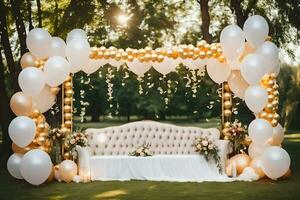 wedding decoration with white and gold balloons. AI-Generated photo