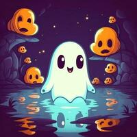 A funny ghosts on halloween celebration in a cemetery at night in cute cartoon style. Halloween by AI generated photo