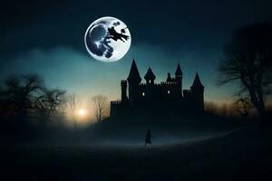 a castle with a full moon in the background. AI-Generated photo