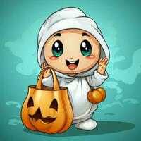 A funny ghosts on halloween celebration in a cemetery at night in cute cartoon style. Halloween by AI generated photo