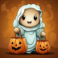 A funny ghosts on halloween celebration in a cemetery at night in cute cartoon style. Halloween by AI generated photo