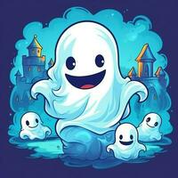 A funny ghosts on halloween celebration in a cemetery at night in cute cartoon style. Halloween by AI generated photo