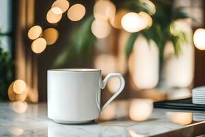 a white coffee cup sitting on a table in front of a window. AI-Generated photo