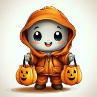 A funny ghosts on halloween celebration in a cemetery at night in cute cartoon style. Halloween by AI generated photo