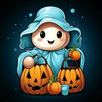 A funny ghosts on halloween celebration in a cemetery at night in cute cartoon style. Halloween by AI generated photo