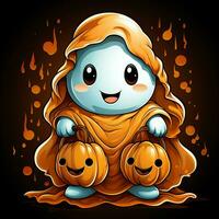 A funny ghosts on halloween celebration in a cemetery at night in cute cartoon style. Halloween by AI generated photo