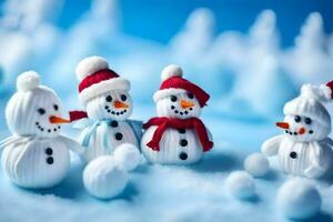 snowmen are made of yarn and are sitting on a blue background. AI-Generated photo