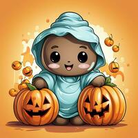 A funny ghosts on halloween celebration in a cemetery at night in cute cartoon style. Halloween by AI generated photo