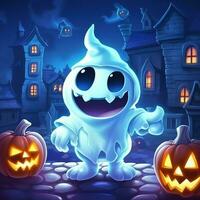 A funny ghosts on halloween celebration in a cemetery at night in cute cartoon style. Halloween by AI generated photo