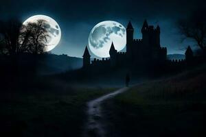 a castle in the dark with full moon. AI-Generated photo